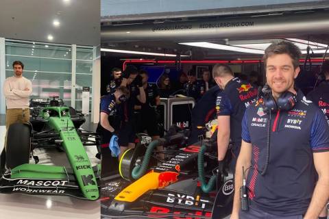 El ingeniero de Fórmula 1, Javier Bermejo, posa a la izquierda con el Sauber con el que trabaja esta temporada, y a la derecha, en su etapa en Red Bull en 2023.